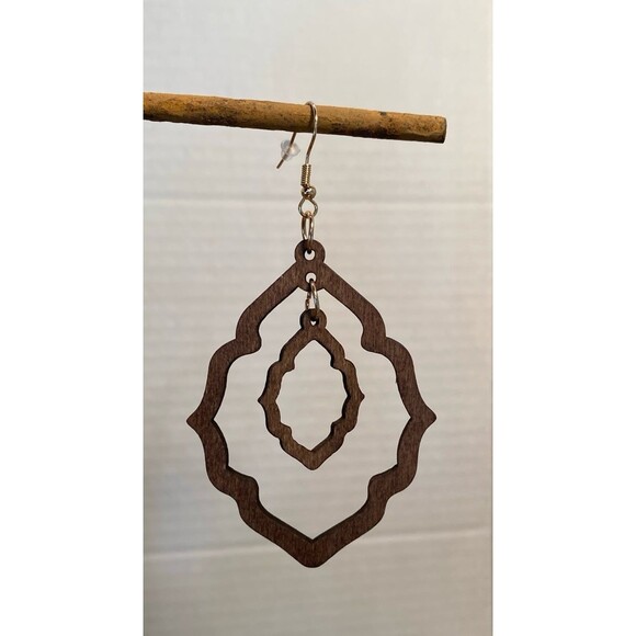 Earrings Wooden Lazer Cut are Double Drop with Open Frame Lightweight Casual - Picture 3 of 5